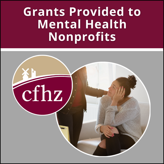 Grants Provided to Mental Health Nonprofits. CFHZ logo and photo of woman leaning her head on her hand while a therapist places a hand on her should
